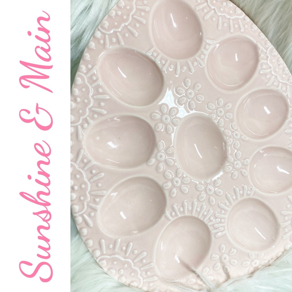 Sunshine & Main Pink Ceramic Egg Shaped Deviled Egg Platter Embossed Floral Tray - Picture 4 of 10